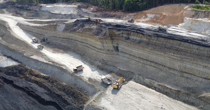 Drone View of Excavator and Heavy Duty Trucks Working in Mining Site
