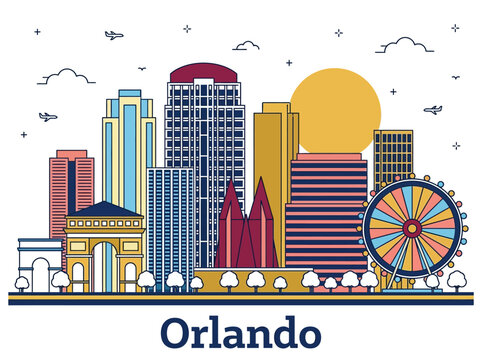 Orlando Florida City Skyline Vector Illustration with Skyscrapers and Ferris Wheel