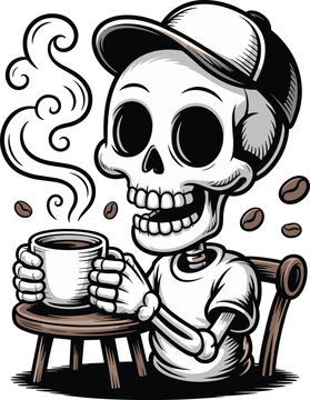 Skeleton drinking coffee illustration, funny caffeine lover design, spooky morning concept, humorous skull art, gothic cartoon vector style