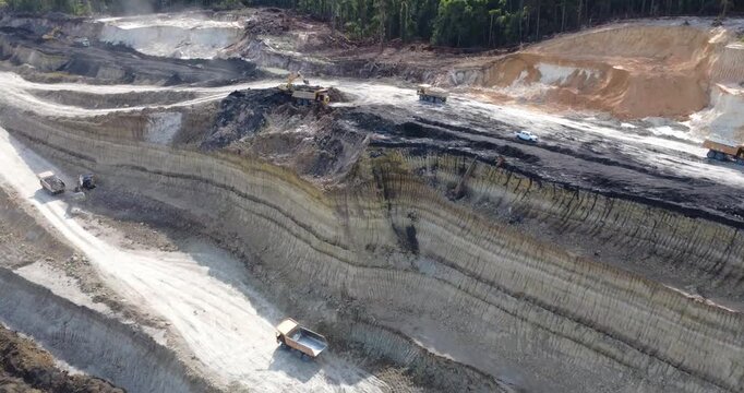 Drone View of Excavator and Heavy Duty Trucks Working in Mining Site