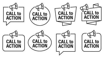 Obraz premium Set of marketing design elements featuring megaphones and call to action text notification.