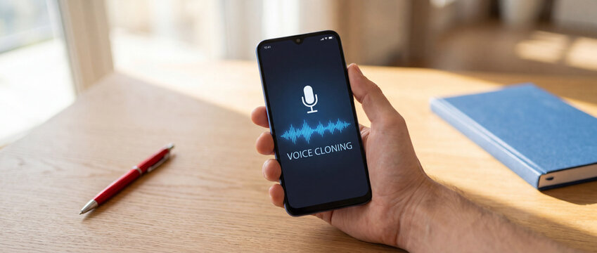 Smartphone with voice cloning app in hand over a wooden desk with pen and notebook, showing a microphone icon and sound wave interface for artificial intelligence audio synthesis