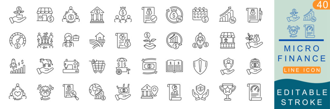Microfinance Line Icon Set - Editable Stroke Outline Vector Icons for Financial Inclusion, Micro Loan, Fintech & Community Banking