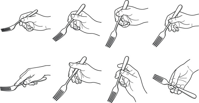 Human hand holding fork gesture sequence vector illustration showing different proper dining etiquette ways to hold cutlery silverware
