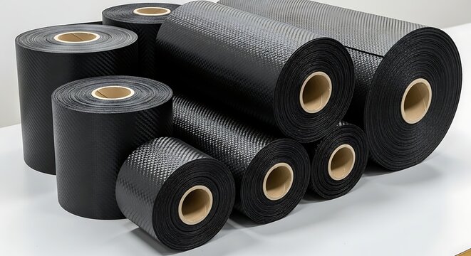 Multiple Black Thermal Insulation Rolls for Construction Projects.