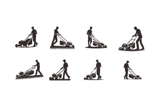 Lawn Mowing Vector Silhouette Set, Black Landscape Maintenance Illustration for Gardening Service Design
