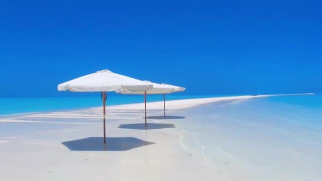 White beach umbrellas on tropical sandbar surrounded by turquoise ocean water