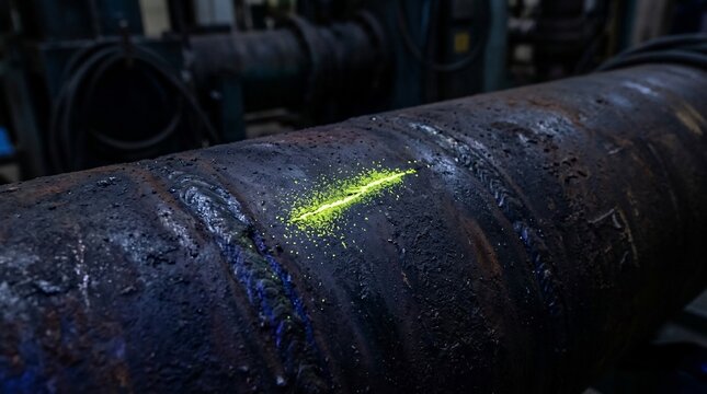 Fluorescent penetrant inspection of a metal weld on an industrial pipe.