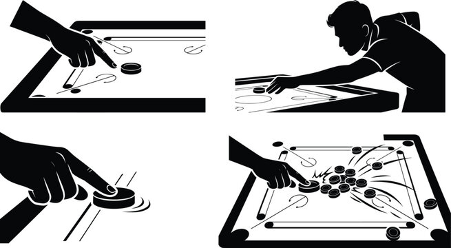 Carrom Board Game Player Flicking Striker Hitting Coin Indoor Sport Silhouette Vector Set