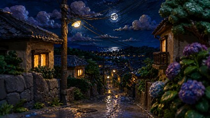 Fototapeta premium クレイアニメ風の月夜に光る雨上がりの道と明かりが灯る日本の山間集落の幻想的な夜景