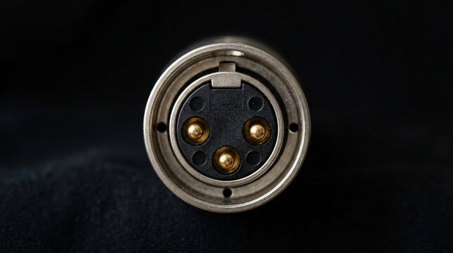 Front view of professional three pin male XLR connector on black background.