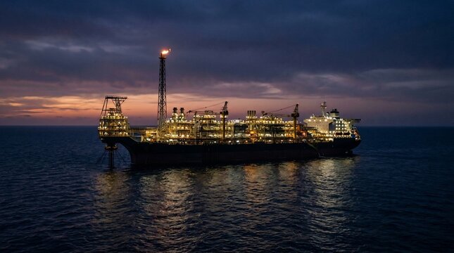 FPSO offshore oil and gas production vessel at sunset.