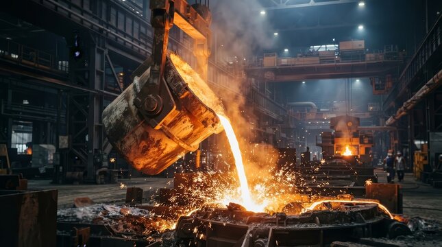 Molten metal pouring from an industrial ladle into a glowing hot furnace at a steel mill.