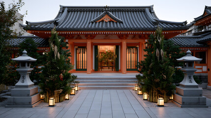 Fototapeta premium New Year Kadomatsu Decorations at Shrine Entrance in Kyoto with Pine and Lanterns