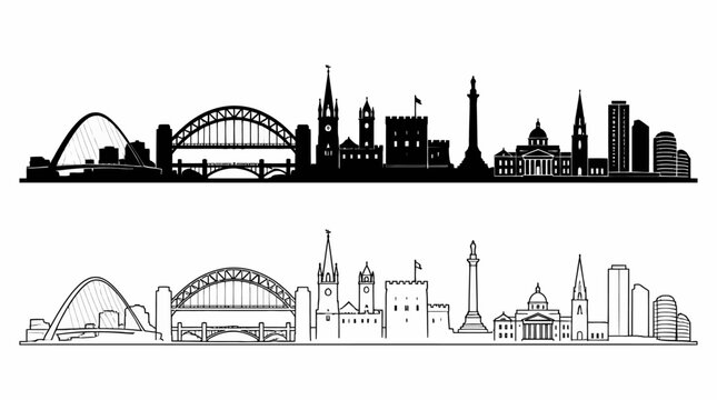 Newcastle skyline silhouette and line art set, city architecture icons.