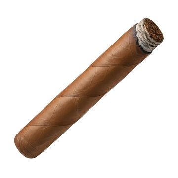 A single brown lit cigar with glowing ash tip isolated for luxury lifestyle ads isolated on transparent background