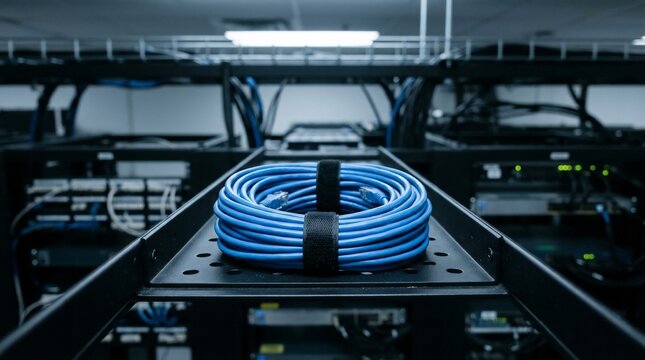 Coiled blue ethernet network cable resting on a server rack cable tray.