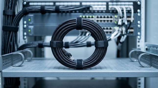 Coiled network ethernet cable in a server rack cabinet.