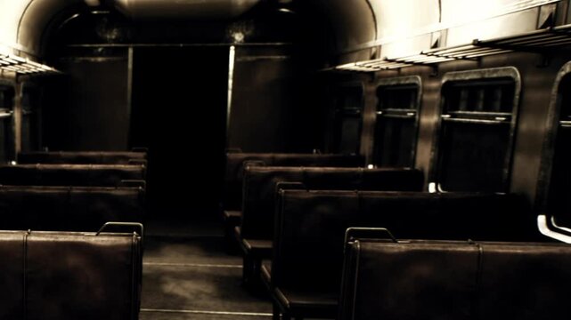 A train carriage has empty seats arranged in rows. The interior is dimly lit with shadows in the corners. The scene shows a quiet atmosphere with no passengers visible.