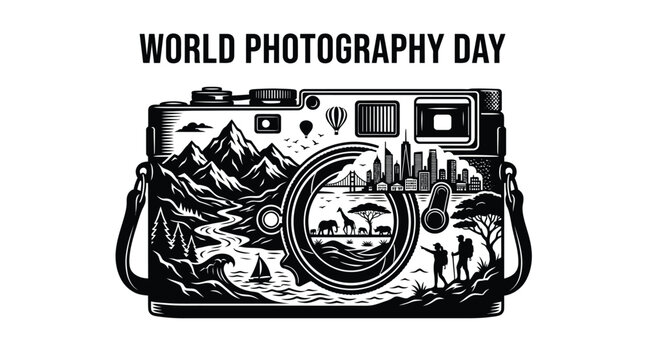 Detailed black and white camera illustration featuring diverse travel landscapes and iconic global city skylines
