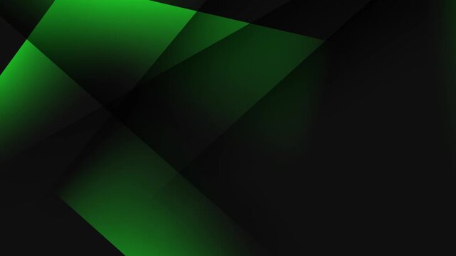Abstract animated background with glowing green effect in dark space, random moving cutout shapes creating modern motion graphics, for ads, design creative, digital art, or elegant corporate themes