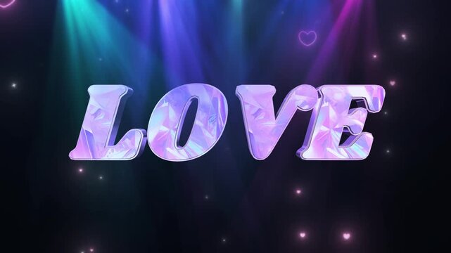 Love text appears in bold three-dimensional letters against a dark background with colorful spotlights.
