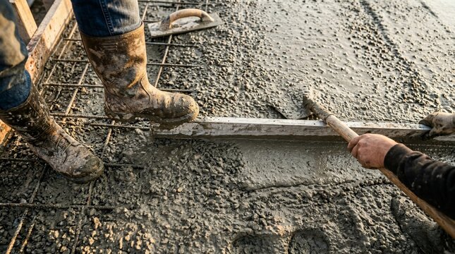 Construction worker leveling wet concrete with a wooden screed tool.