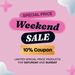 Fototapeta premium 3D Weekend Sale Promotional Banner with 10 Percent Discount Coupon on Pink Background