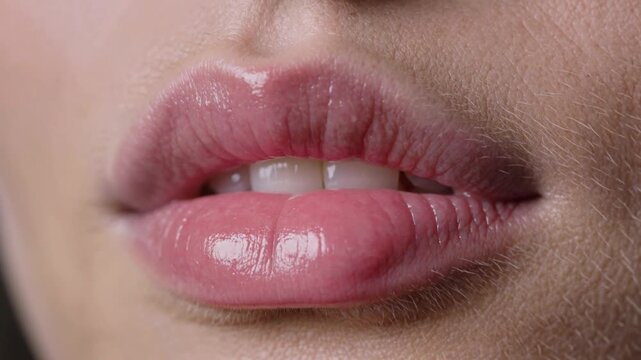 Glossy Pink Lips with Subtle Shine in Extreme Closeup, Soft Natural Beauty Makeup Detail
