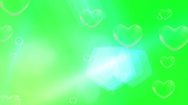 Heart bubbles drift across a bright green screen background with soft lens flare lighting.