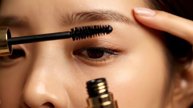 Close-up of a woman applying black mascara to her eyelashes for beauty