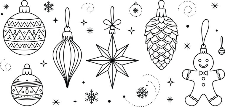 Christmas bauble icon set with star pinecone gingerbread man and winter snowflake elements