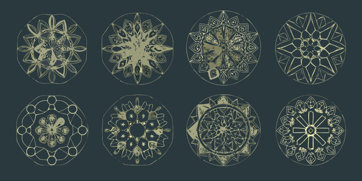 sacred geometry mandalas in gold line art on dark background pattern design ornament symmetry symbolic spiritual abstract geometric shapes circles