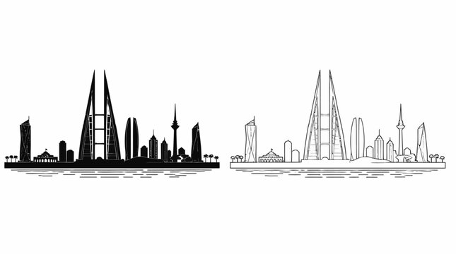 Manama City Skyline Illustration in Black and White Silhouette