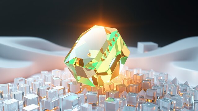 Polygonal crystal glows atop cuboid structures. Light emanates from within, creating dramatic illumination. Minimalist scene, dark background.