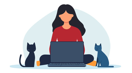 Plakat Woman working on laptop with pets at home illustration