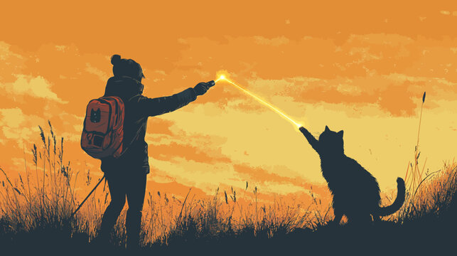 Person playing with cat at sunset silhouette