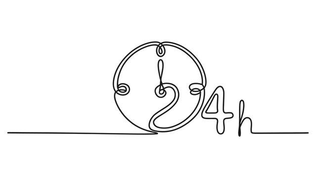 Continuous one line drawing of a clock showing twenty four hours symbol for service delivery time concept and business speed and fast support illustration