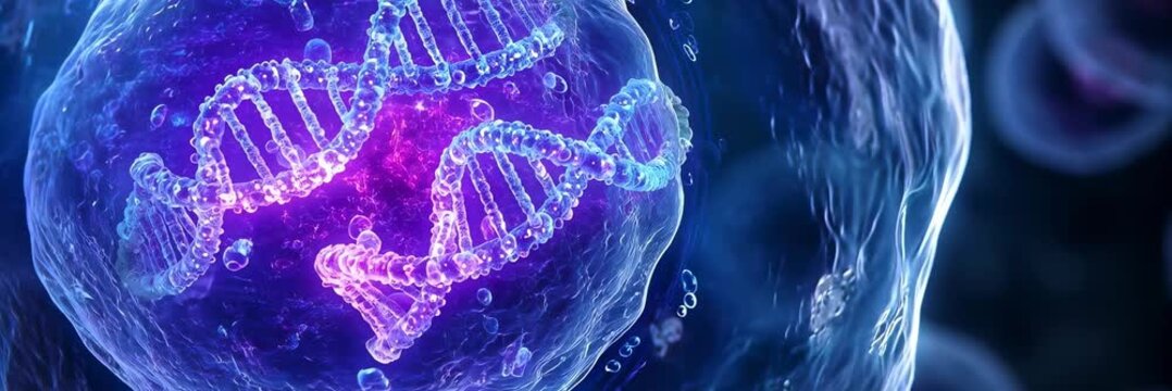 Glowing DNA strands visible inside a transparent human cell nucleus, animated biotechnology website banner