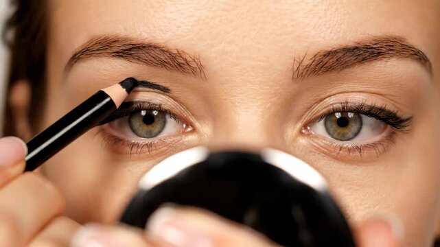 Young woman carefully applying eyeliner to her eye with a pencil