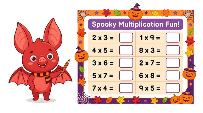 Halloween math worksheet for kids. Spooky multiplication practice. Bat themed educational activity.