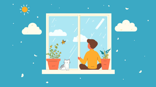 Child and pet observe nature through a window illustration