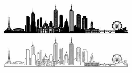Obraz premium Melbourne City Skyline Silhouette in Solid and Outline Vector Styles