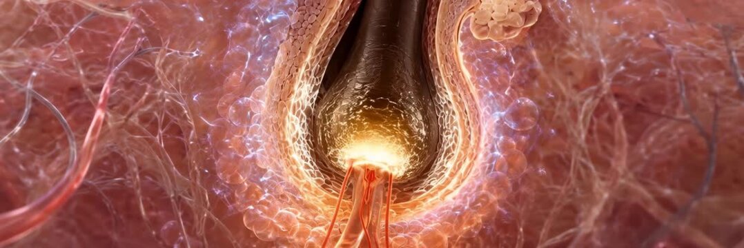 Detailed hair follicle embedded in human skin tissue, animated medical website banner for dermatology and hair care