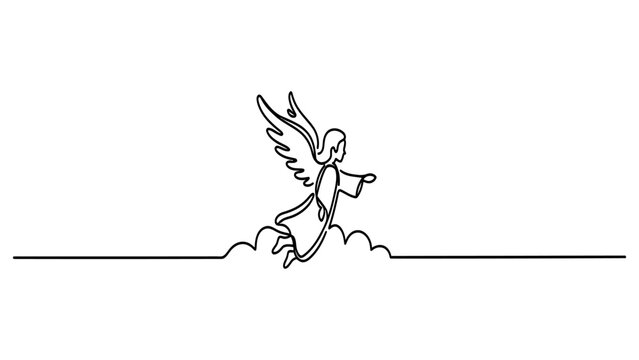 Continuous single line drawing of a flying angel with wings in the clouds