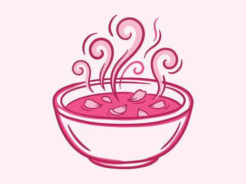 Vector illustration of a bowl of hot pink soup with steam rising, stylized cartoon food icon for menu or culinary design