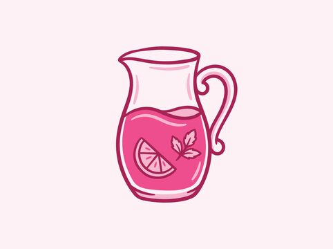 Vector illustration of a glass pitcher filled with pink lemonade, featuring a slice of lemon and a sprig of mint inside