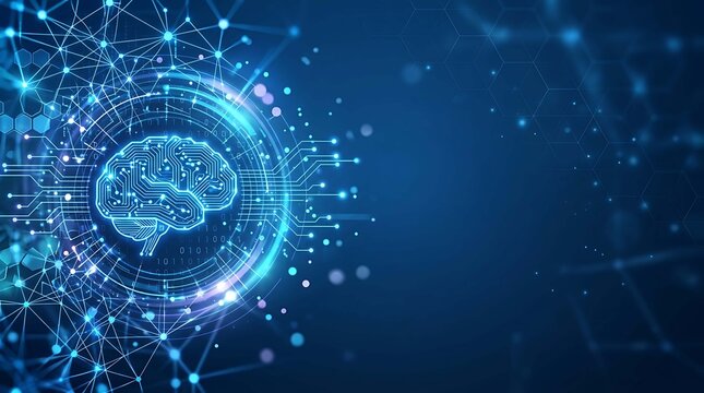 Artificial intelligence icon inside circular frame with glowing blue circuit lines and geometric hexagonal pattern on dark background representing high tech neural network interface.