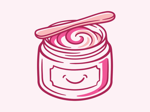 Cute cartoon cosmetic jar with a spatula and a smiling face, vector illustration of skincare cream or beauty product container