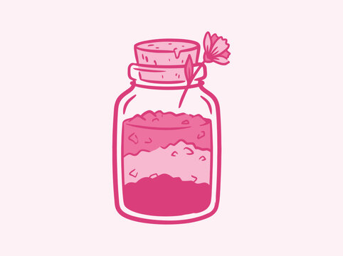 Cute pink potion bottle with a flower in a cork stopper, handdrawn vector illustration of a magical elixir in a glass jar